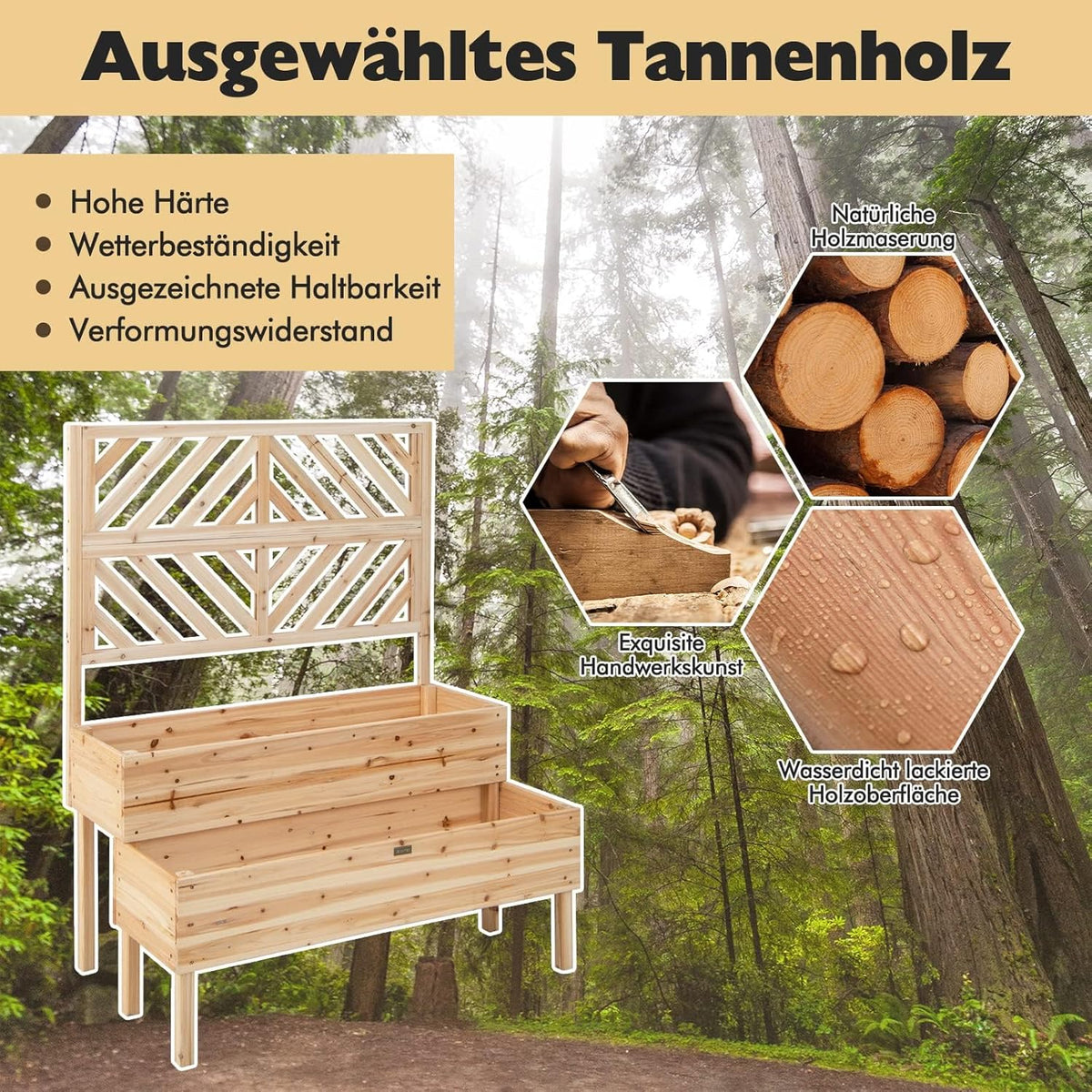 FANTASK Bloembak met latwerk van dennenhout, tuinspalier met 2 rankkasten, plantenbak voor klimplanten, verhoogd bloembed met rankrooster en drainagegat (natuur)