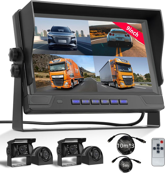 Rear View Camera 4 Cameras Set, 9 Inch Monitor 4 Split Screen, Rear View Camera IP68 Waterproof, Night Vision, DVR, Loop Video, Inversion Aid, for Truck/Bus/Motorhome/Trailer with 35 Meters - QUORE