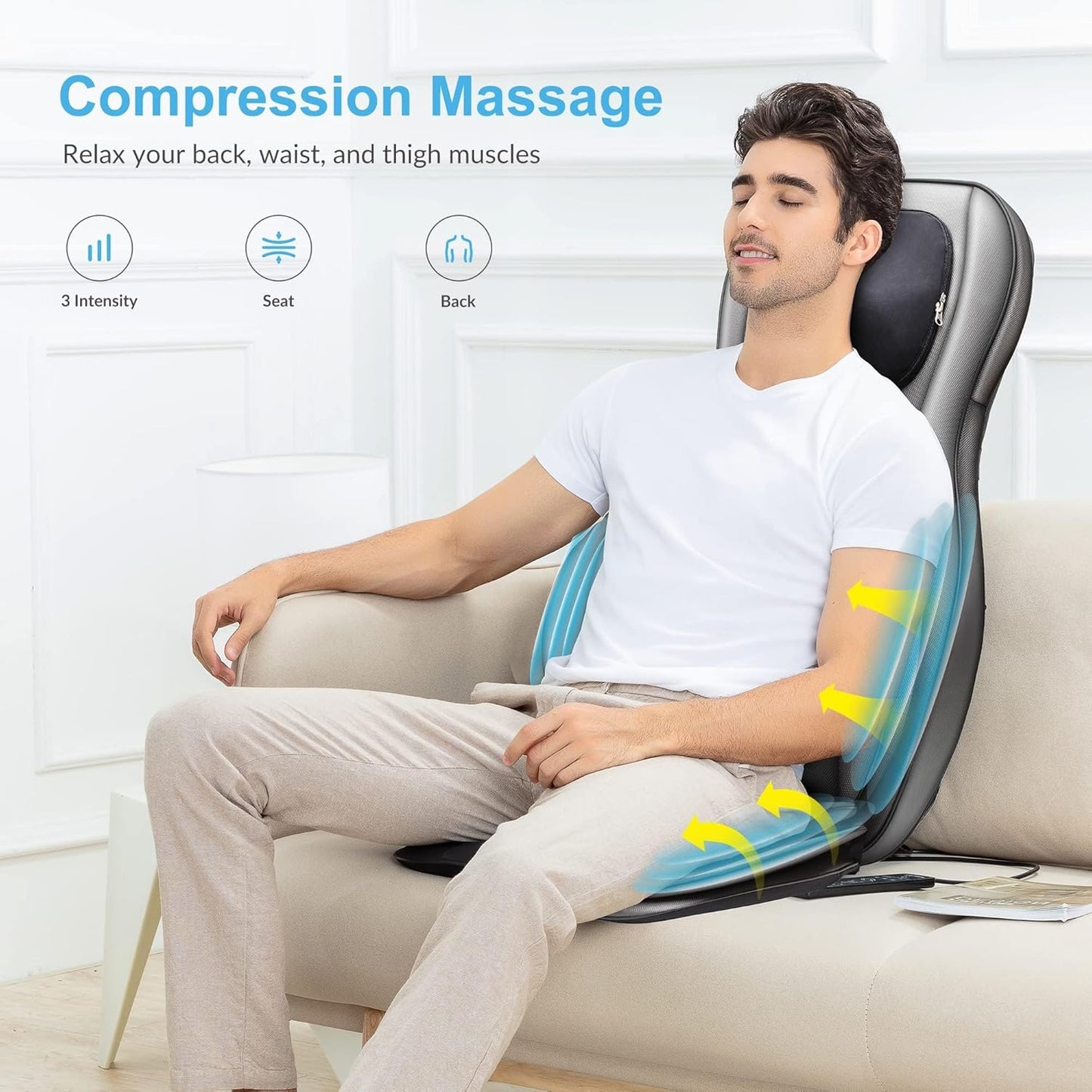 Shiatsu Massagekussen – Massagestoelkussen, stoelmassagekussen, rugmassagekussen, nekmassagekussen – Voor rug, nek, schouders en onderrug – 2D/3D-kneedmassage met warmte en instelbare luchtcompressie