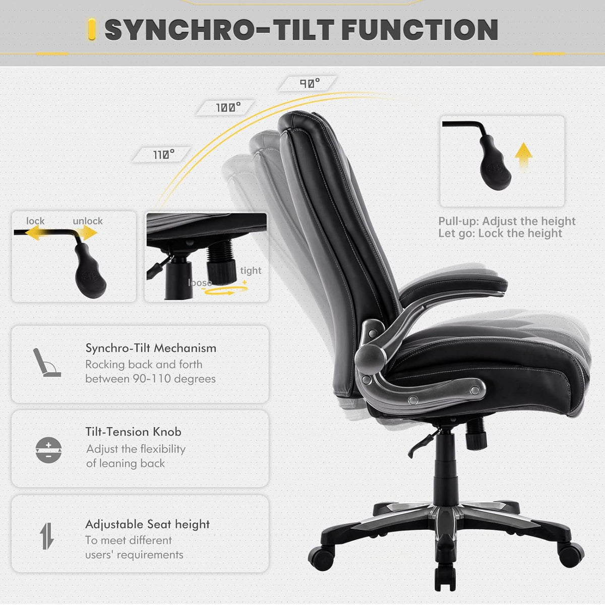 Bureaustoel – Computestoel – Kantoorstoel – Office Chair – Werkstoel – Grote Zitbreedte 58,4 cm – Inklapbare Armleuningen en Verstelbare Hoogte 49-59 cm