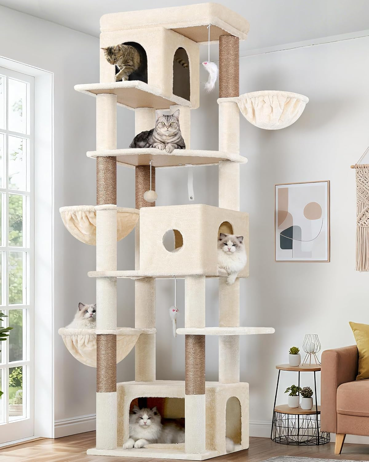 Globlazer Cat Tree Beige Large, Cat Tree XXL high 204cm with 3 cat house, 2 Large Platform, 2 Cat Baskets Soft, Stable cat tower Luxury for 3-5 Large cats Rest Play Indoor (F80F, Beige) - QUORE