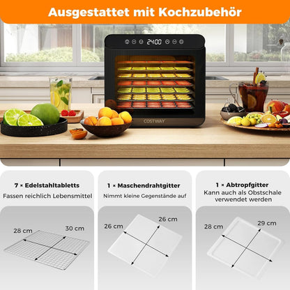 FANTASK Voedseldroger met 7 roestvrijstalen schalen, droogautomaat met 24-uurs timer en temperatuur van 30-75 °C, 600 W droogmachine voor vlees, groenten en fruit, 34 x 40,5 x 32 cm
