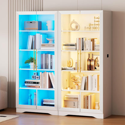 LVSOMT Glazen vitrine met ledverlichting, 165 cm, vitrinekast met glazen deuren, vitrine met 4 displayplanken, 3 kleuren licht, vitrine, glas, hout, woonkamer, hal, wit
