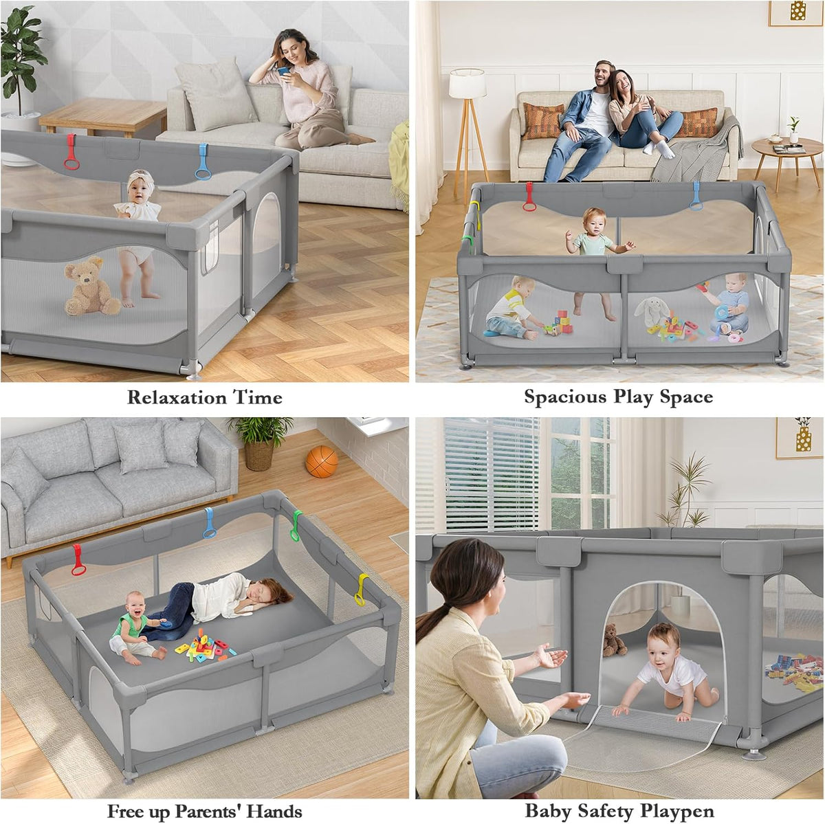 Baby Playpen 200 x 180 cm Large Improved 2025 Edition Playpen for Babies and Children with Non-Slip Bottom, Activity Centre for Children, Without Mats and Balls, Grey - QUORE