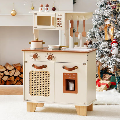 ROBOTIME Houten speelkeuken voor kinderen, realistische speelgoedkeuken met nep-ijsdispenser en rotan mesh-element, fantasiespel kookset voor peuters, cadeau voor jongens en meisjes vanaf 3 jaar