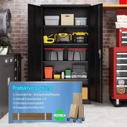 Archiefkast, metalen kast met 4 in hoogte verstelbare planken, staalplaat met poedercoating, stalen kast voor gereedschap, Garage 180 x 80 x 40 cm (zwart)