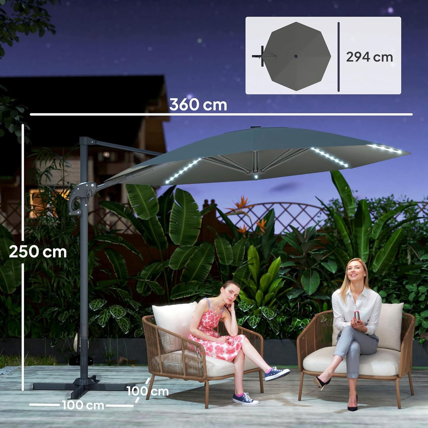 Outsunny Alu Ampelschirm LED Solar Ø300cm höhenverstellbar Sonnenschirm mit Kurbel Ständer UV50+ Wasserabweisend 360° drehbar Marktschirm neigbar Gartenschirm Sonnenschutz für Garten Balcony - QUORE