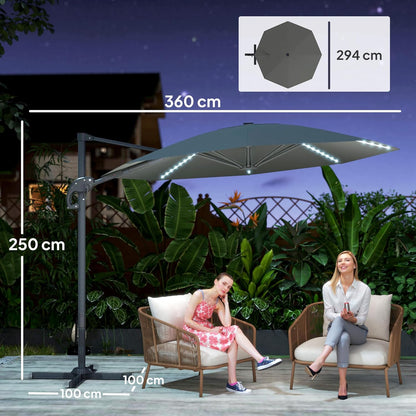 Outsunny Alu Ampelschirm LED Solar Ø300cm höhenverstellbar Sonnenschirm mit Kurbel Ständer UV50+ Wasserabweisend 360° drehbar Marktschirm neigbar Gartenschirm Sonnenschutz für Garten Balcony - QUORE
