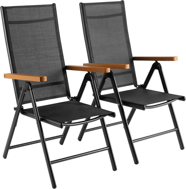 Aluminium Tuinstoelen set van 2, Inklapbare Buitenstoelen met Armleuning van Imitatiehout, 7-voudig Verstelbare Rugleuning, Ademend Balkonstoel campingstoel voor Veranda's Terrassen