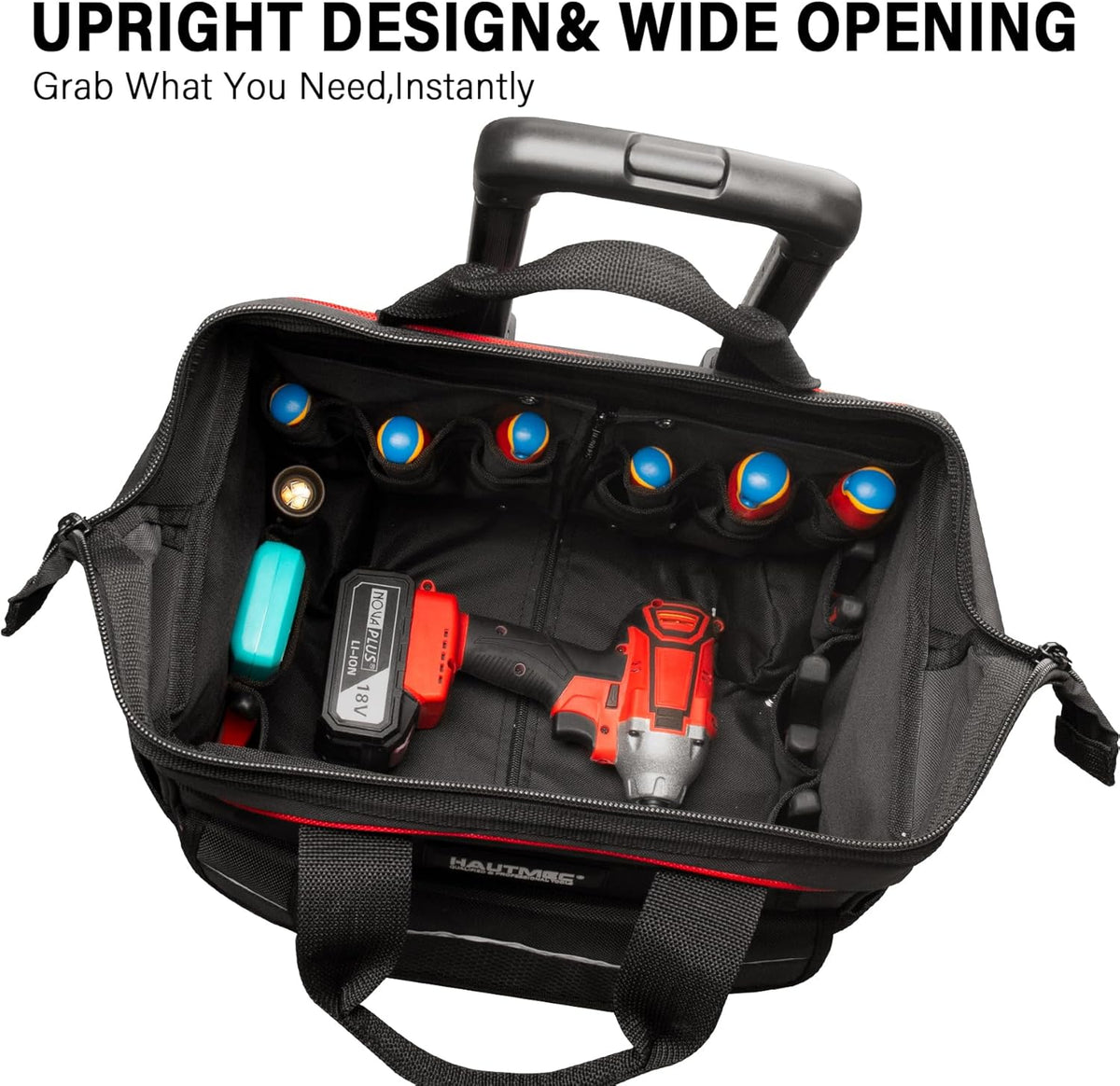 HAUTMEC HT0179 Gereedschapstas met wieltjes, duurzame gereedschapskoffer, grote opening, robuuste telescopische handgreep, afmetingen: 37 x 29 x 40 cm, rood