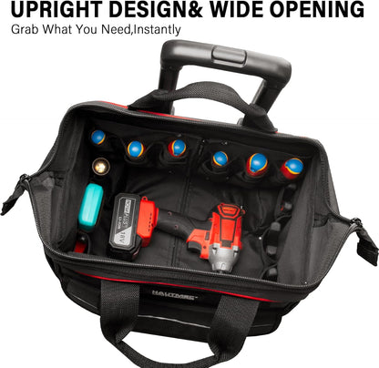 HAUTMEC HT0179 Gereedschapstas met wieltjes, duurzame gereedschapskoffer, grote opening, robuuste telescopische handgreep, afmetingen: 37 x 29 x 40 cm, rood