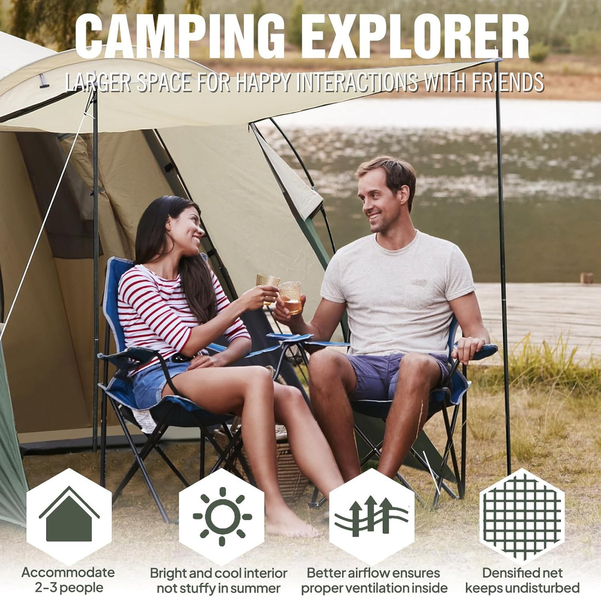 Chihee Campingtent, draagbare pop-up tent, familietent 2 deuren, onmiddellijke installatie, grote weerbestendige tent, 4 seizoenen tent met afgeschermde voortent