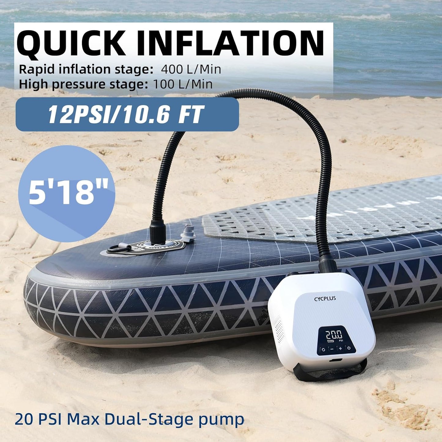 CYCPLUS 20PSI High Pressure Smart SUP-luchtpomp, oplaadbare batterij, intelligente tweetraps inflatie en deflatie, auto-off luchtpomp voor stand-up paddleboards, vlieger, tent, matras