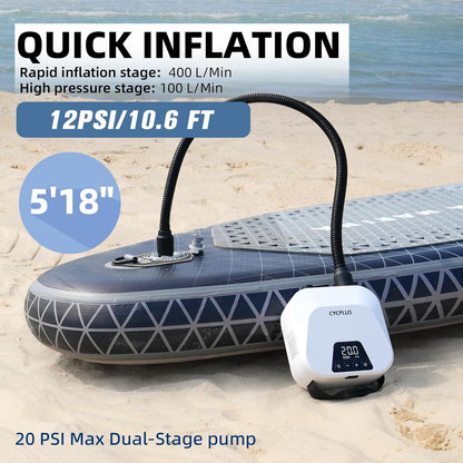 CYCPLUS 20PSI High Pressure Smart SUP-luchtpomp, oplaadbare batterij, intelligente tweetraps inflatie en deflatie, auto-off luchtpomp voor stand-up paddleboards, vlieger, tent, matras