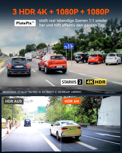 VANTRUE N4 Pro 5G WiFi Dashcam Auto 4K+ 1080P+ 1080P/ 3 HDR, STARVIS 2 Dash Cam Privacy Modes en Buffer Parkeervolgsysteem Auto Camera IR Starlight Nachtzicht, Voice Command, GPS, 2,45" Max 512GB