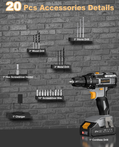 Accuschroevendraaier, 21 V accuschroefboormachine met 2,0 Ah accu, accuboor 10 mm boorhouder, 2 versnellingen, 18 + 1 draaimomentniveaus, 21-delige accessoireset, led-licht voor tuin, reparatie