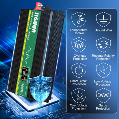 JIGUUN 3000W omvormer 12v naar 230v zuivere sinus inverter met draadloze afstandsbediening LCD-scherm 2 Eu-stopcontact & 1 USB-poort Piekvermogen 6000W voor auto, camping, reizen (3000W12V)