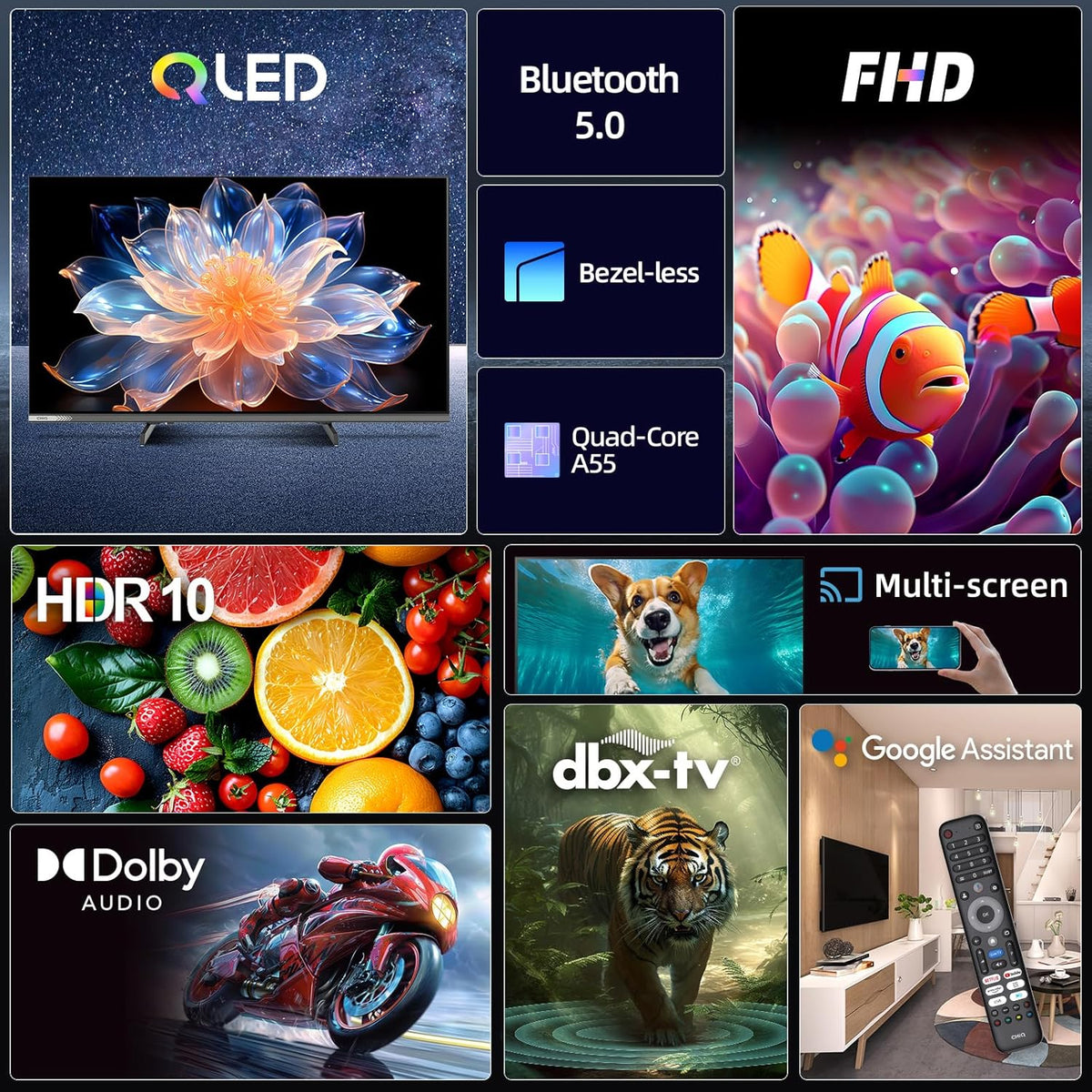 Google QLED CHiQ 32QA10 32 inch Smart TV | Full HD HDR10 | Dolby Audio en DBX-TV | Frameloos metalen ontwerp | Geïntegreerde Chromecast | Google Assistant | Nieuw model 2025