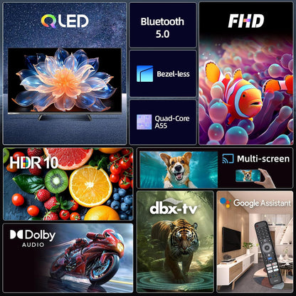 Google QLED CHiQ 32QA10 32 inch Smart TV | Full HD HDR10 | Dolby Audio en DBX-TV | Frameloos metalen ontwerp | Geïntegreerde Chromecast | Google Assistant | Nieuw model 2025