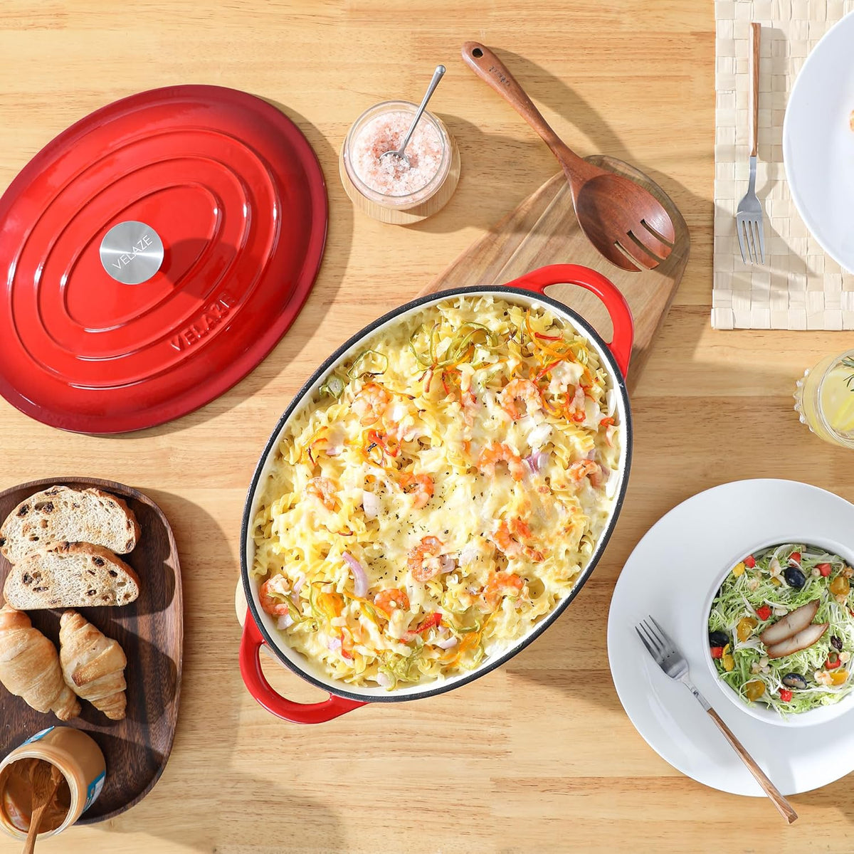 Velaze Oval Cast Iron Casserole with Lid 34 cm, 7 Litre Enamel Pan, Bread Pan with Lid, Stew Pan Suitable for All Heat Sources - QUORE