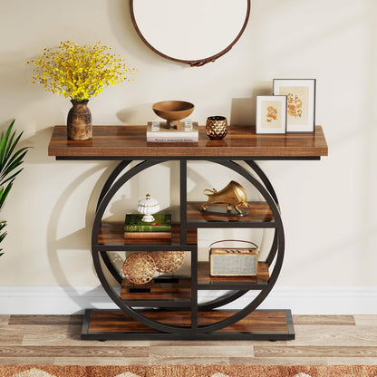Tribesigns Console Table, 105cm Industrial 6 Tier Sofa Table, Entrance Table with Circle Base, Narrow Wooden Accent Tables with Storage Shelves for Living Room, Hallway, Foyer, Rustic Brown