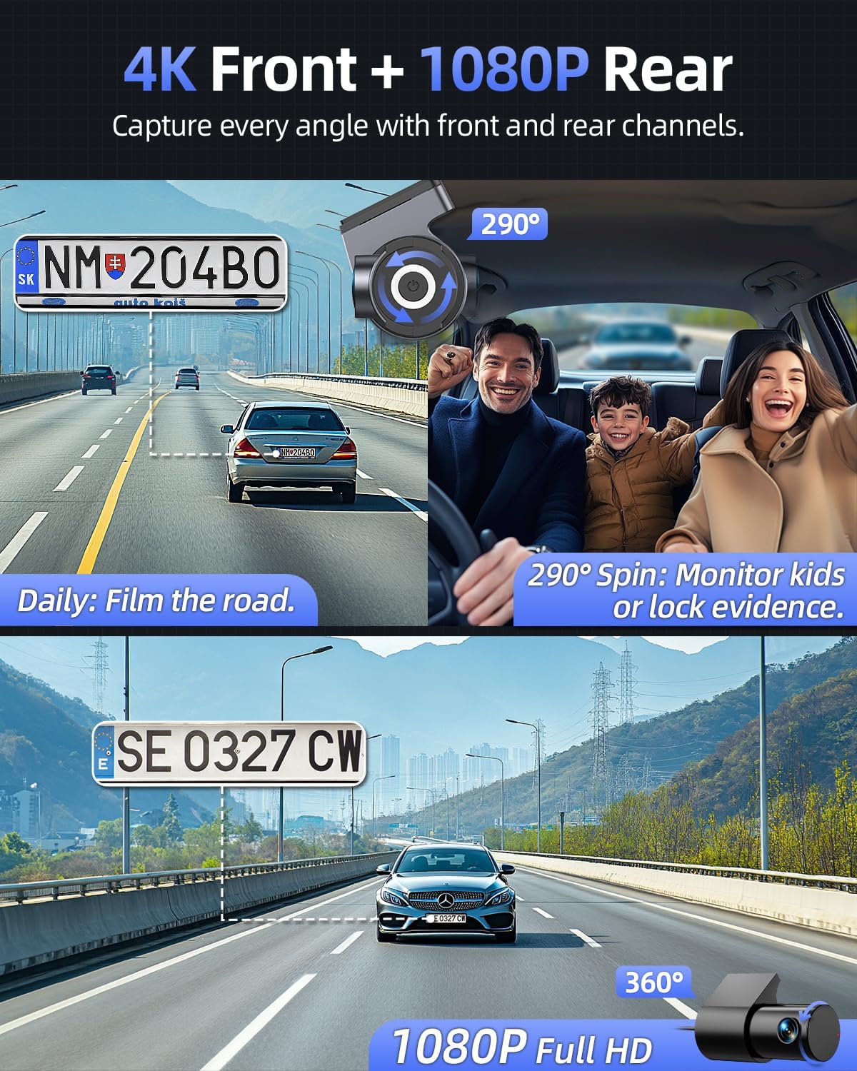 Dashcam Voor En Achter – Autocamera – Dashboardcamera – Auto Camera – Dubbele Lens Dashcam – 4K Frontcamera + 1080P Achtercamera – 5 GHz Wifi En App-Bediening