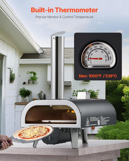 VEVOR Houtgestookte pizzaoven buiten, 30 cm automatisch roterende pizzaovens, draagbare pelletpizzamachine met thermometer en elektrisch roterend systeem, pizzasteen, draagtas en schep voor achtertuin