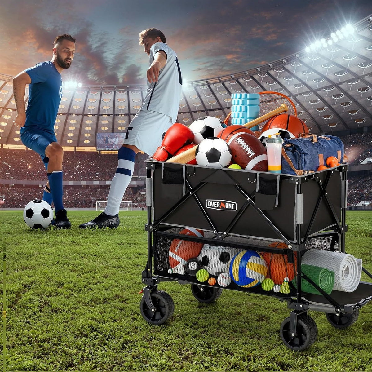 Overmont 400 l opvouwbare wagen met twee verdiepingen – opvouwbare wagen met grote capaciteit – verlenging van 132 cm, grote offroad-wielen voor kamperen, voetbalwedstrijden, sportevenementen