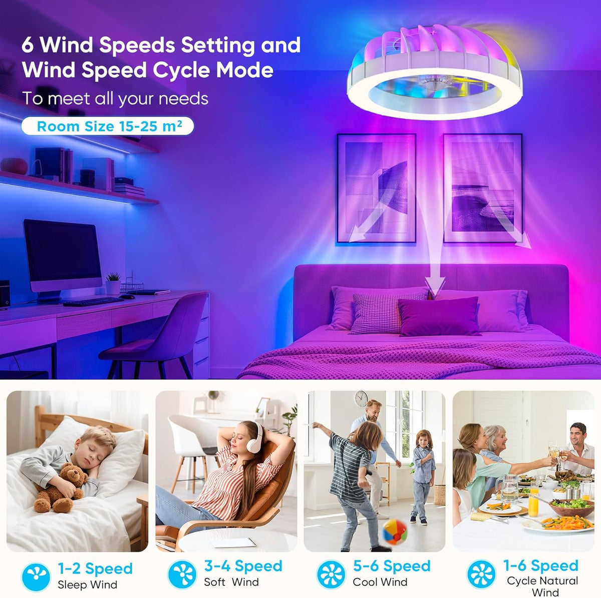 46 cm plafondventilator met verlichting en afstandsbediening, stil, 6 snelheden, lamp met ventilator, 3000K-6500K & RGB-achtergrondverlichting, plafondlamp met ventilator voor de slaapkamer
