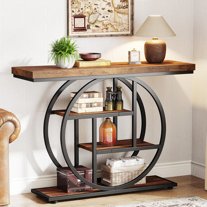 Tribesigns Console Table 105cm with 4 Levels, Narrow Industrial Sofa Table with Round Metal Frame, Wooden Entrance Table with Storage Racks for Living Room (Rustic Brown) - QUORE