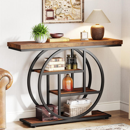 Tribesigns Console Table 105cm with 4 Levels, Narrow Industrial Sofa Table with Round Metal Frame, Wooden Entrance Table with Storage Racks for Living Room (Rustic Brown) - QUORE