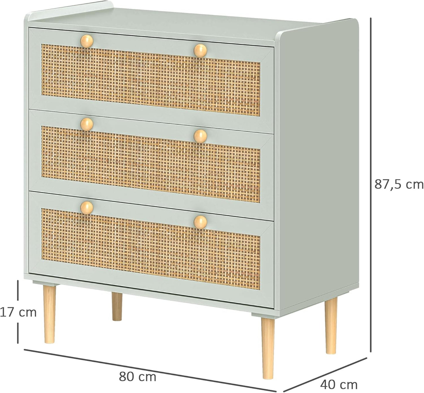 HOMCOM Kommode Beistellschrank mit 3 Schubladen, Sideboard mit Boho-Stil, Rattanoptik, Schubladenkommode für Wohnzimmer, Schlafzimmer, Hellblau 80 x 40 x 87.5 cm - QUORE