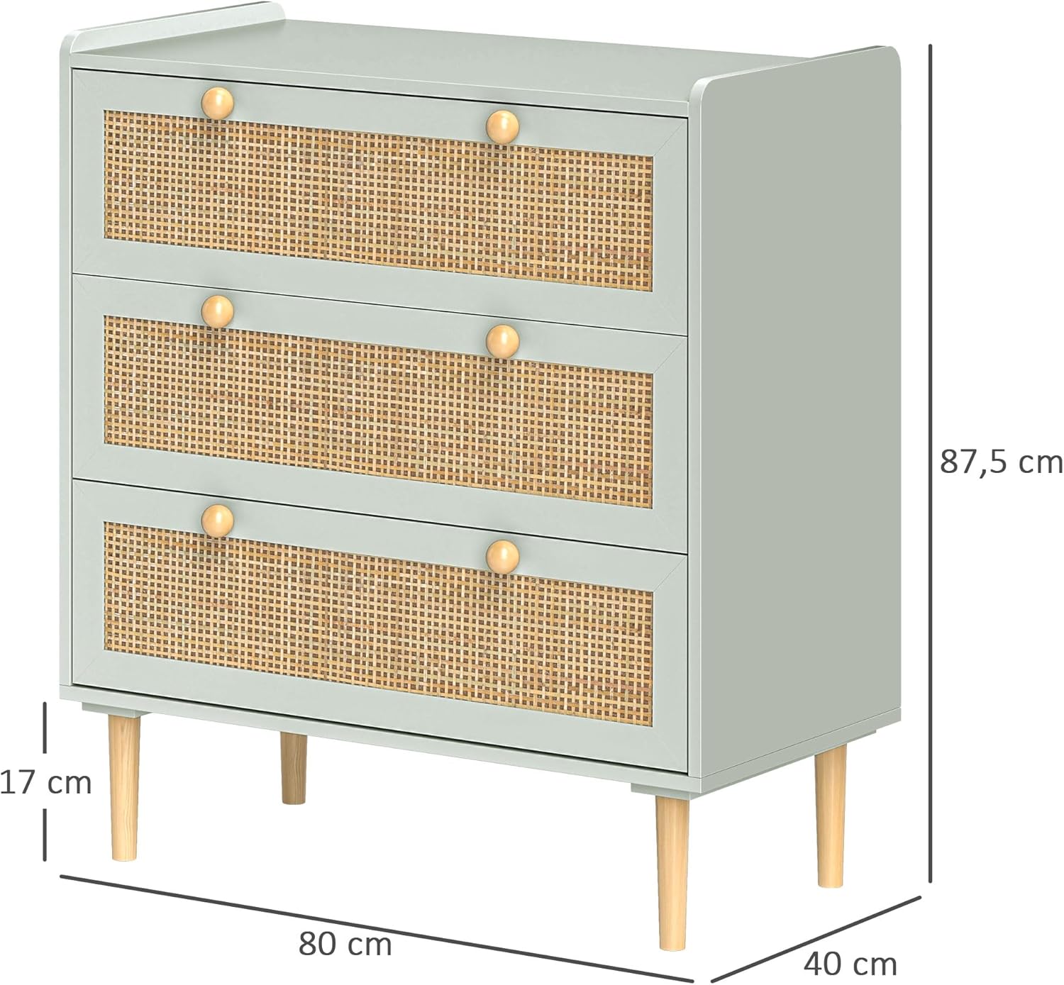 HOMCOM Kommode Beistellschrank mit 3 Schubladen, Sideboard mit Boho-Stil, Rattanoptik, Schubladenkommode für Wohnzimmer, Schlafzimmer, Hellblau 80 x 40 x 87.5 cm - QUORE