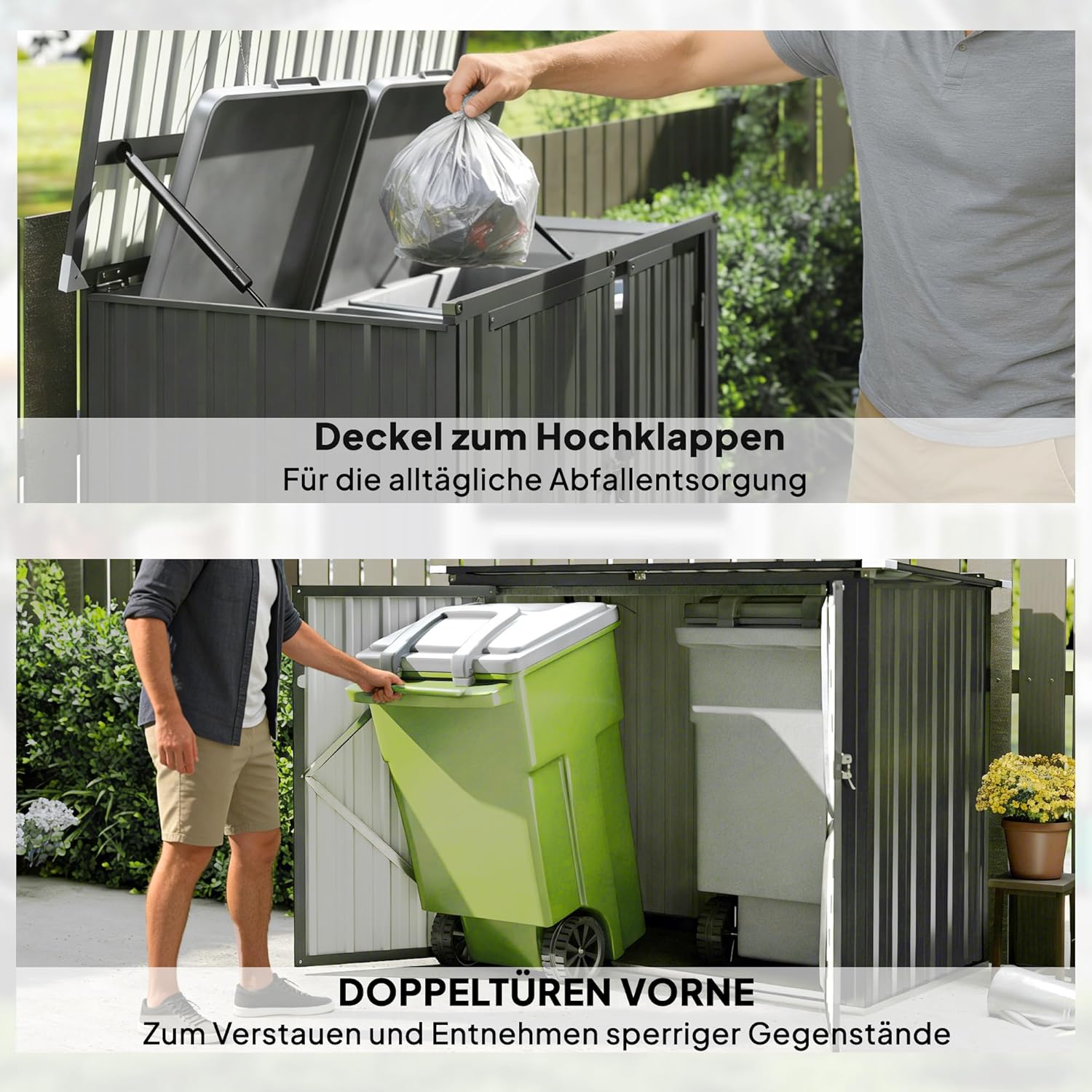 Outsunny afvalcontainerbox voor 2 containers met slot en openklapbaar deksel - Weerbestendig - Donkergrijs - Verzinkt staal - QUORE