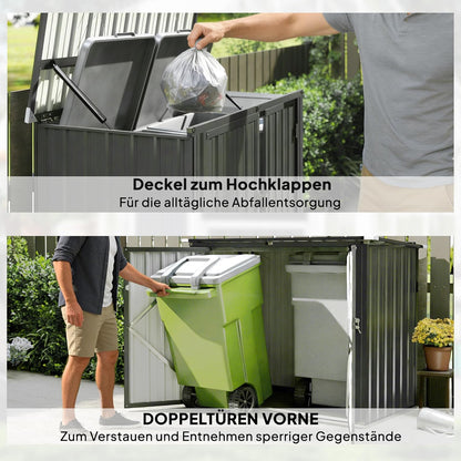 Outsunny afvalcontainerbox voor 2 containers met slot en openklapbaar deksel - Weerbestendig - Donkergrijs - Verzinkt staal - QUORE