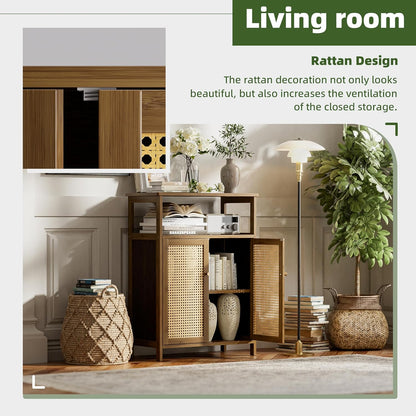 Badkamer Vloerstandaard Kast, Bamboe Opberg Organizer Tafel met 2 Rotan Deuren en 1 Plank, Houten Bijzetkast voor Hal, Wasserij, Keuken, Woonkamer (Walnoot)