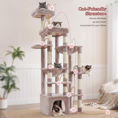 Krabpaal – Kattenboom – Krabmeubel – Klimpaal – Kattenhuis – Bruin Beige – XXL Stabiele Basis 70x50 cm – Extra Groot Platform 50x40 cm - QUORE