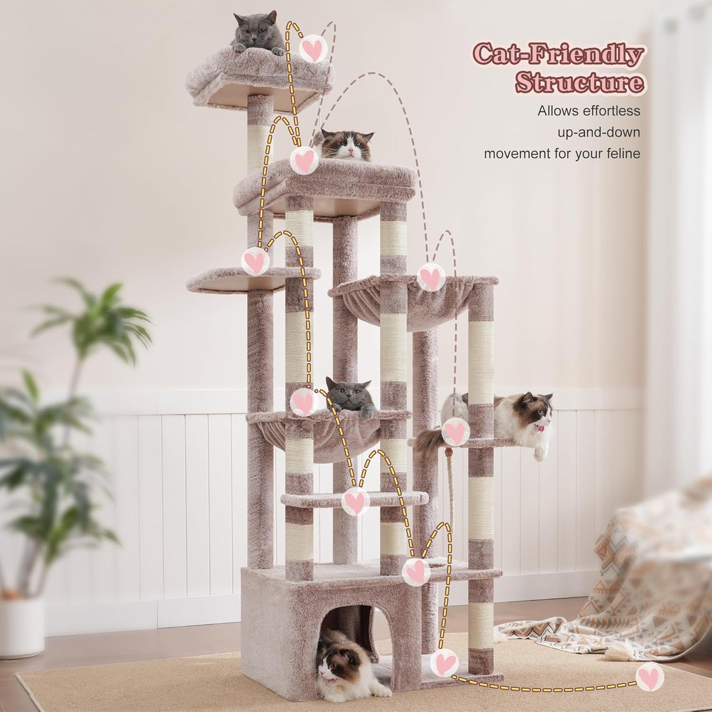 Heybly Scratching Post, 180 cm Scratching Post Large with Extremely Stable Base, XL Platform, Large Cat House, 2 Hammocks, Multi-layer Cat Furniture for Maine Coon and Other Large Cats, Brown-Beige HCT037MU - QUORE