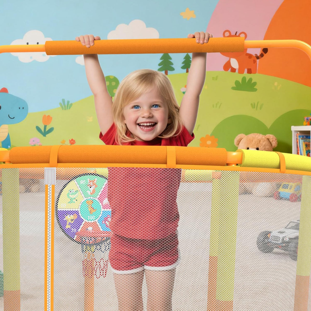 CZCPAPY Trampoline voor kinderen, outdoor trampoline voor binnen en buiten, met veiligheidsnet, mand, stangen, schommels, cadeau voor kinderen (geeloranje)