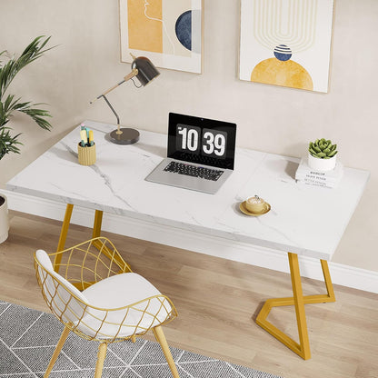 Tribesigns Desk, Computer Table, 140 x 80 cm, PC Table, Work Table, Dining Table, Office Furniture, Computer Table, Conference Table for Home Office, Home, Desk, White and Gold