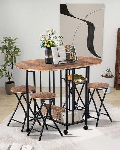 Dining Table with 4 Chairs, Small Kitchen Table, Foldable, Small Space with 4 Folding Chairs with Storage for Restaurant, Patio, Balcony, Garden (Rustic Brown)