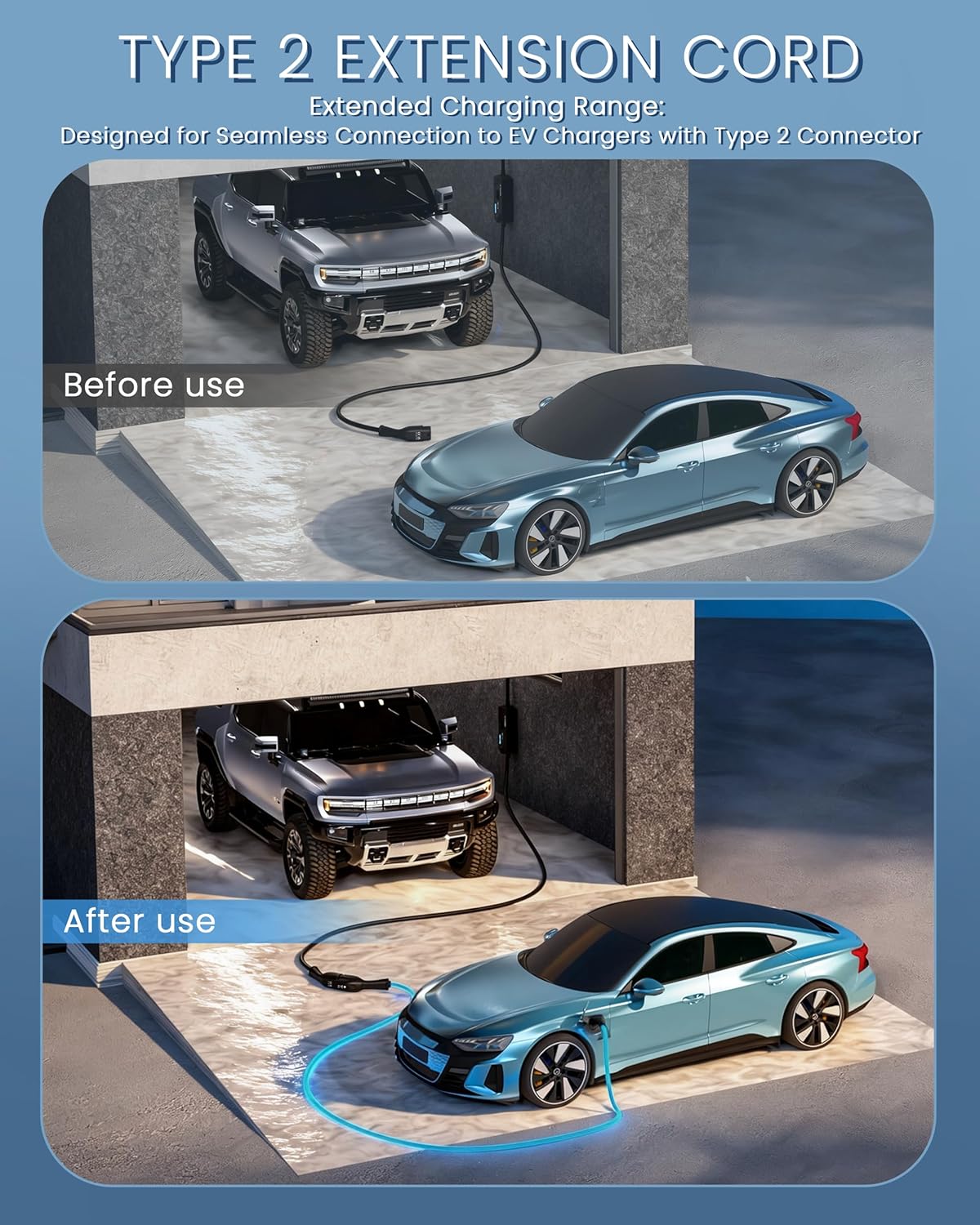 Type 2 EV oplaadkabel verlengkabel, 22 KW/32 A 3-fasen oplaadkabel verlengkabel met veiligheidsslot voor IEC-62196 BEV & PHEV voor type 2 EV-oplader, 8 m