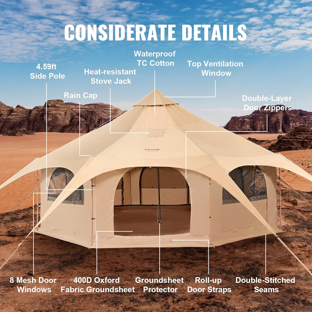 VEVOR Canvastent, 4 seizoenen, 5 m, canvas tent voor kamperen met kachelkrik, ademende yurttent voor maximaal 8 personen, familiecamping outdoor jachtfeest