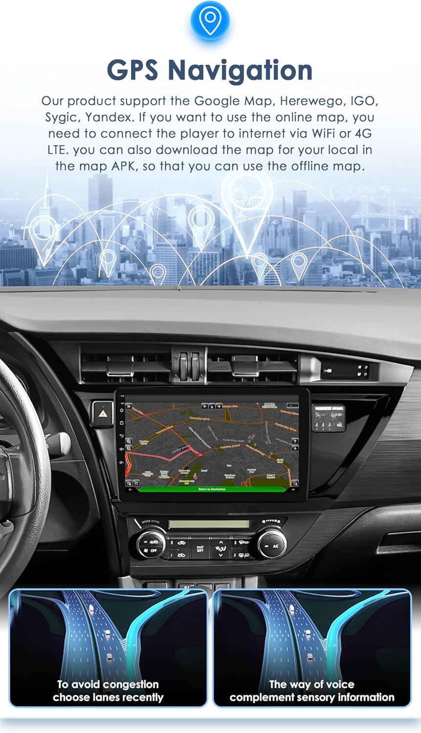 Android 14 autoradio 10,1 inch touchscreen 8-core 4 GB + 64 GB voor Toyota Corolla Auris 2013 2014 2015 2016 Linksverkeer WiFi Wireless Android Auto & Wireless Carplay Bluetooth WiFi 4G GPS RDS AM/FM
