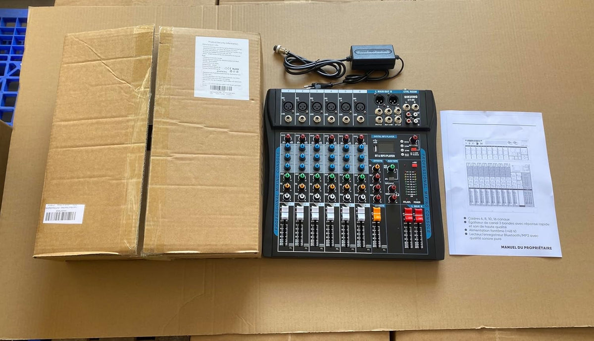 Audio Mixer – 6-Kanaals Mengpaneel – DJ-Mixer – Audiomixer – Mengtafel – 16 DSP-Effecten – USB/Bluetooth – 48V Fantoomvoeding