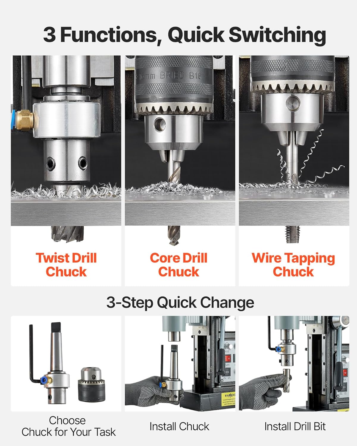 VEVOR Magnetic Drill 1550 W, Drill Diameter 60 mm, Power 13000 N, Stroke Max 200 mm, with Morse Gel, Adjustable Speed, Column Drill for Metal Surfaces, DIY