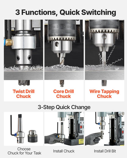 VEVOR Magnetic Drill 1550 W, Drill Diameter 60 mm, Power 13000 N, Stroke Max 200 mm, with Morse Gel, Adjustable Speed, Column Drill for Metal Surfaces, DIY