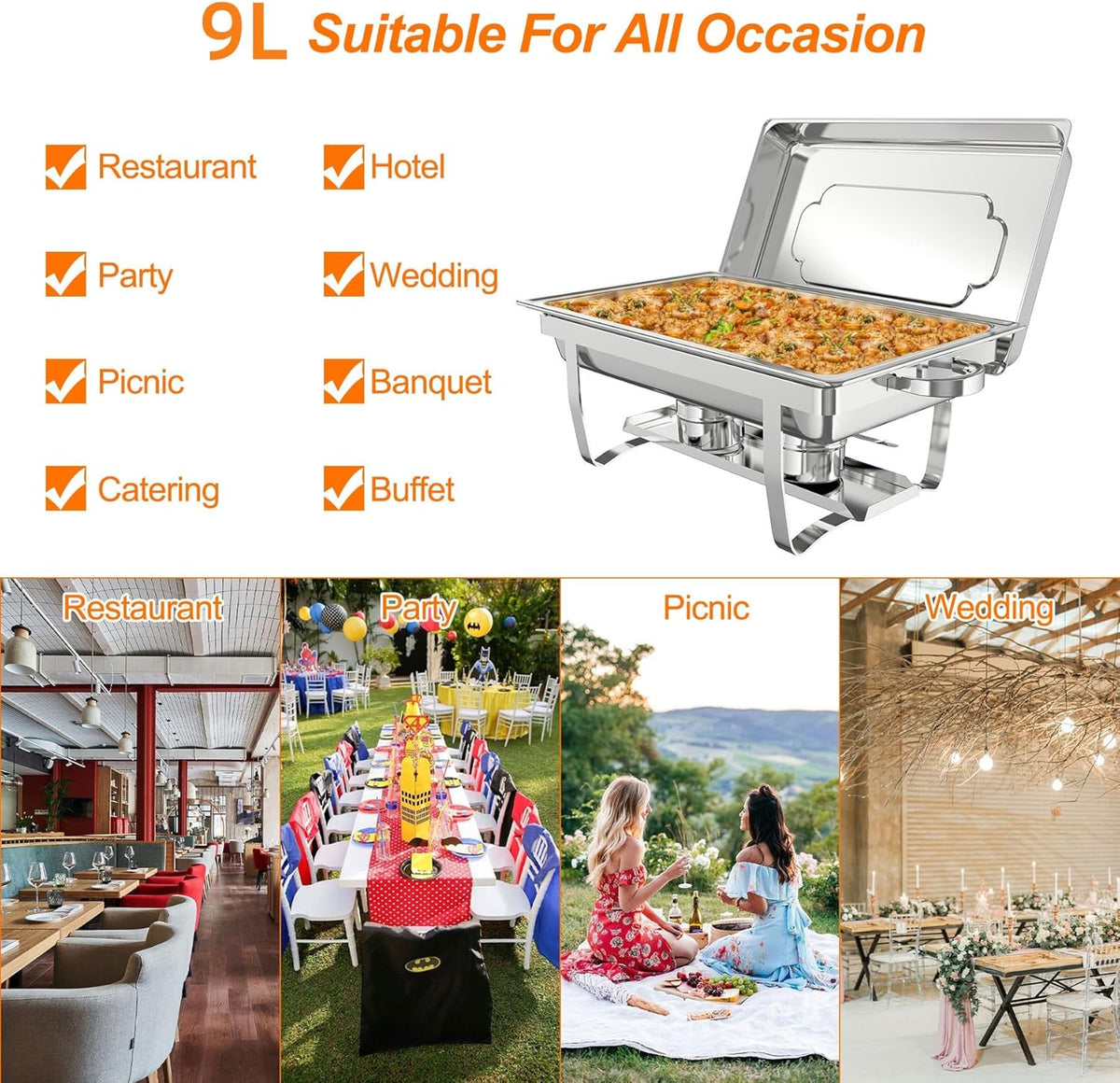 NArra 4-delig Chafing Dish Buffet Set, 9L Rechthoekige Catering Serveerplateaus van Roestvrij Staal met Voedselbak, Voedselwarmer met Opvouwbare Lijst voor Feesten, Diners, Catering, Bruiloften