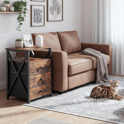 AMHANCIBLE Nachtkastje set van 2, bijzettafel met Oplaadstation en LED, banktafel met 3 stoffen laden, Eindtafel met open plank voor slaapkamer, woonkamer, bruin HET053LBR