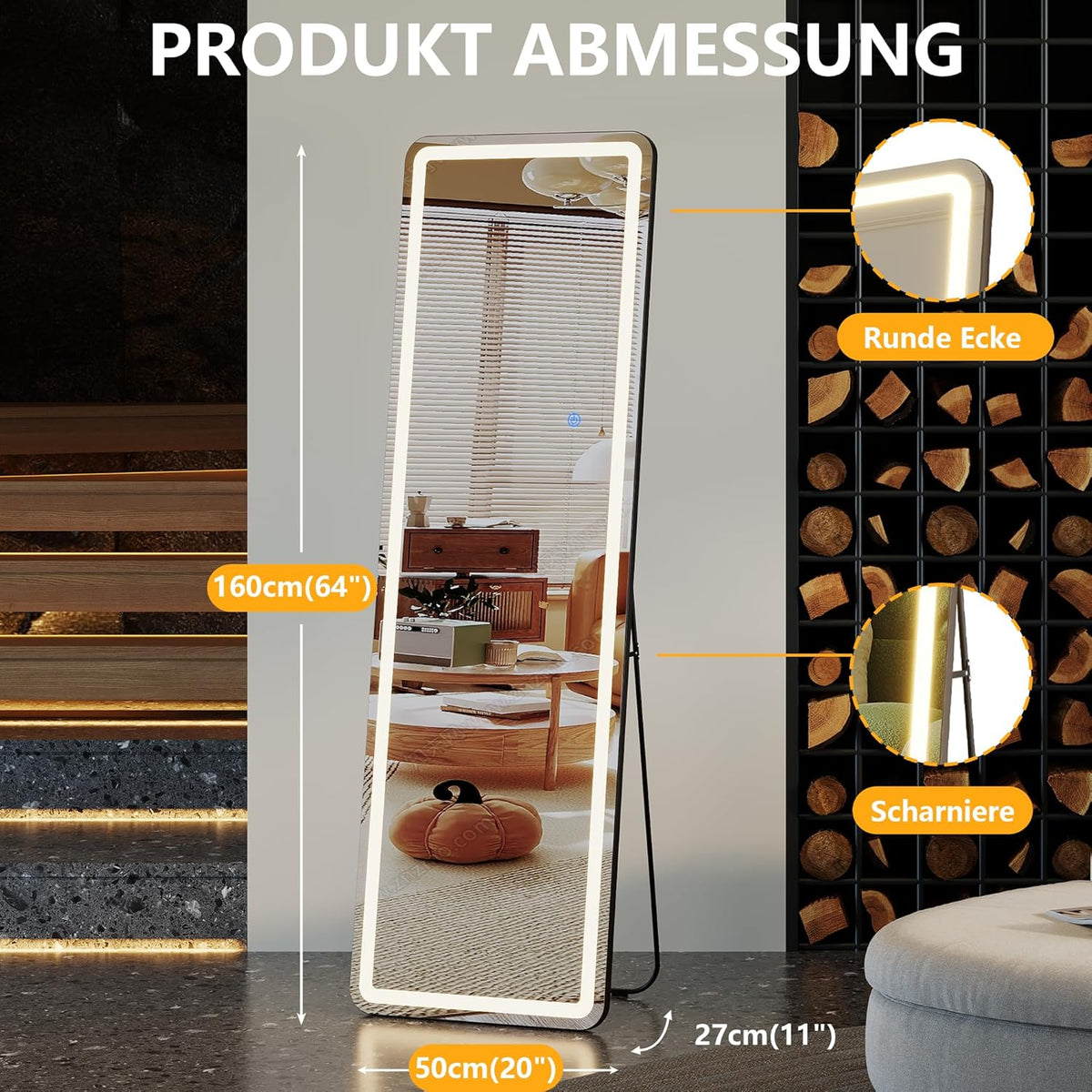 Staande Spiegel LED – Lange Spiegel – Grote Wandspiegel – Volledige Lengte Passpiegel – Vloerspiegel Vrijstaand – 160 x 50 cm – Dimbare 3-kleur LED Verlichting – Robuust Aluminium Frame